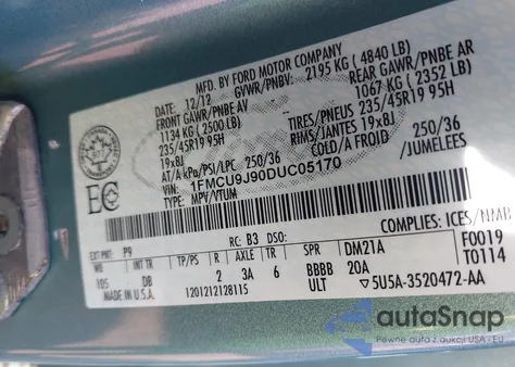 2013 Ford Escape Titanium from USA, damaged, VIN 1FMCU9J90DUC05170